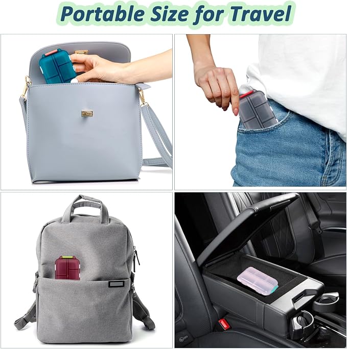 2 Pack Pill Organizer Travel Case - 10 Compartments Portable Medicine Container with 330 Labels, Double Lock Design (Blue & Chocolate, 2 Boxes)
