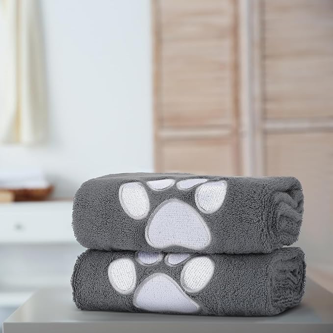 SmoothNovelty 2 Pcs Dog Paw Hand Towels Dark Grey Bathroom Decor 13 x 29 Inch 100% Cotton Embroidered Hand Towels Soft Absorbent Farmhouse for Kitchen Restroom