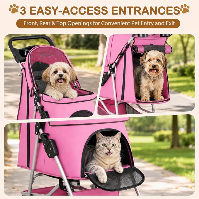 Pet Stroller 4 Wheels Dog Cat Stroller for Small Medium Dog Cats Carrier Jogger Travel Foldable Puppy with Storage Basket and Cup Holder (Pink)