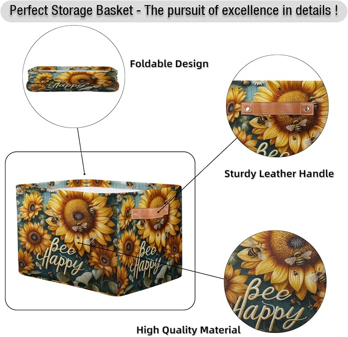 Bee Sunflowers Storage Baskets with Handles Fabric Storage Boxes Collapsible Nursery Basket for Shelf Book Cloth 15 X 11 X 9.5 IN Closet Organizer Bins