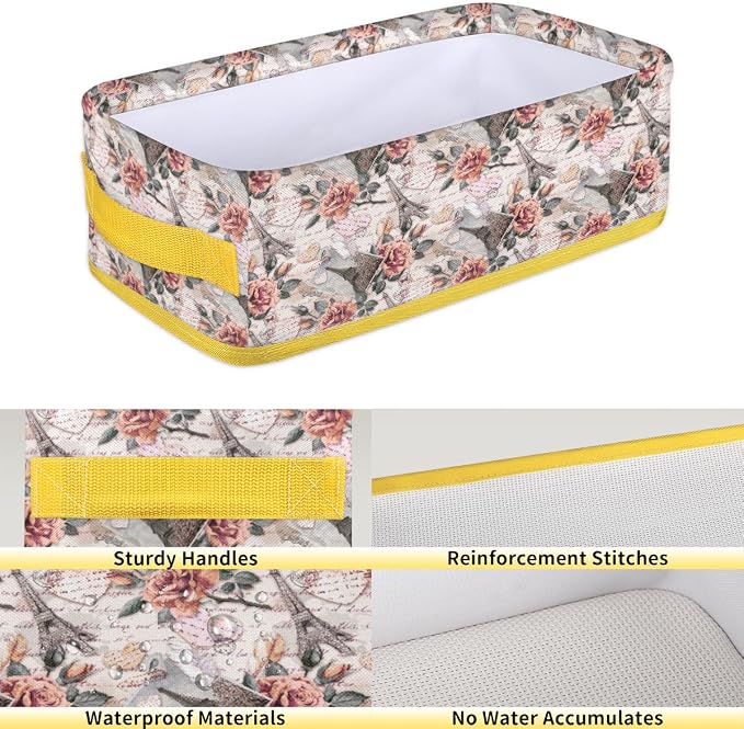 Rose Paris Tower Letter Bathroom Storage Basket, Foldable with Handle Open Countertop Paper Towel Decorative Box, Toilet Tank Top Shelf Baskets for Home Closet Bedroom Living Room Office