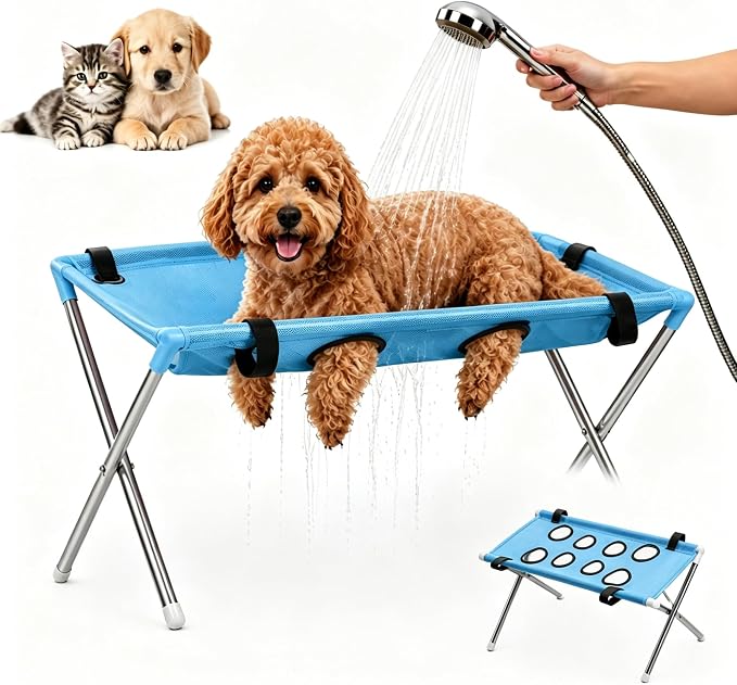 Foldable Pet Bathing Stand Holder Grooming Shower 8-Hole Wash Hammock,Washing Bed for Small Dogs and Cats Washing Picking Ears Nail Clipping,Stainless Steel Grooming Table with Stand，Ordinary-Blue