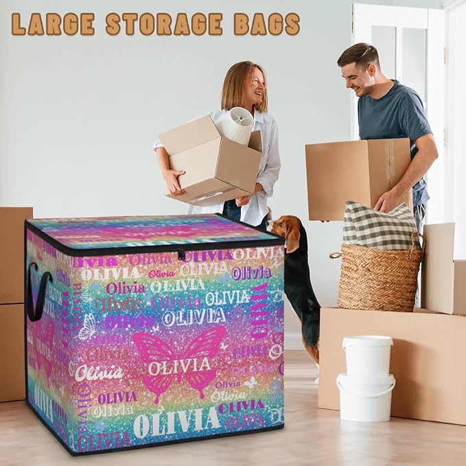 Personalized Name Large Storage Basket with Lid, Bling Bling Colorful Glittering with Butterfly Storage Bins Quilt Clothes Organizer for Bedroom, Kitchen, Bathroom, Nursery, Shelves, Closets