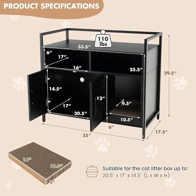 GIANTEX Cat Litter Box Enclosure, Hidden Cat Cabinet Furniture, Dog-Proof | Scratch Pad, Front Entry, Double Doors, 2-Compartment Storage, Wooden Pet House Washroom End Side Table for Living Room