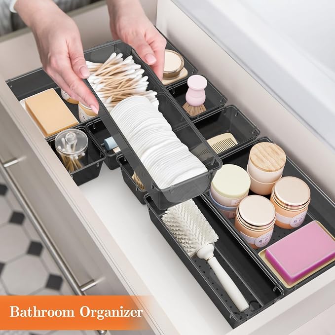 25 PCS Plastic Drawer Organizer, Versatile Organizer Trays & storage Bins | 4-Size Versatile Organizer Trays & storage Bins for Makeup, Jewelry, and Gadgets in Bathroom, Bedroom and Office, Clear Black