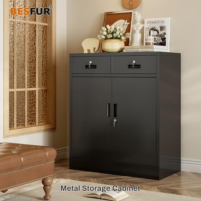 BESFUR Metal Garage Storage Cabinet with Two Lockable Drawers 2 Locking Doors and an Adjustable Shelf, 36" Black Metal Short Storage Cabinet for Home Office,Garage,School,Utility Room