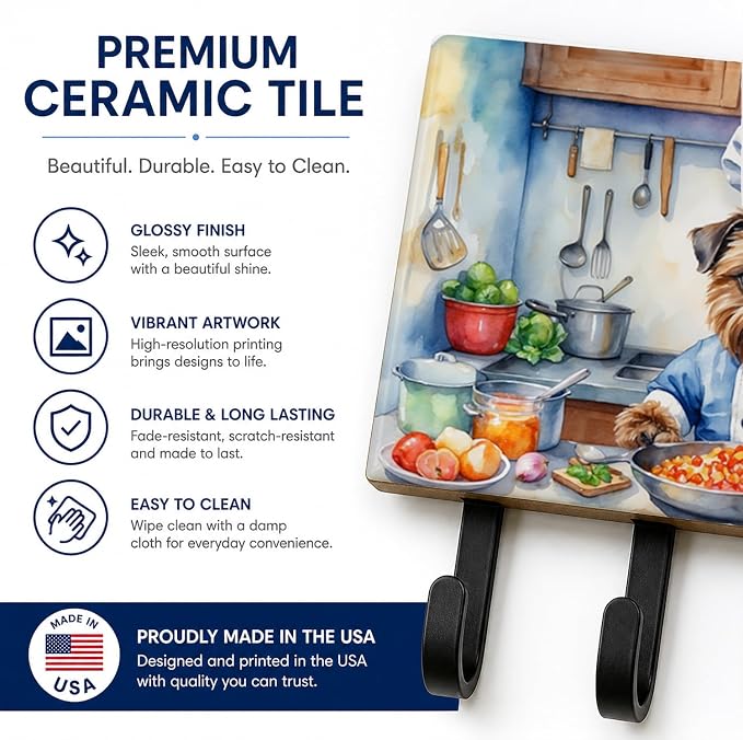 Caroline's Treasures Brussels Griffon The Chef Leash or Key Holder Wall Hooks, Key Hooks Holder, Coat Rack Wall Mount, Coat Hooks, Hooks for Hanging Keys, Towels, Aprons, Leashes | Brussels Griffon The Chef artwork on ceramic tile with three steel hook...