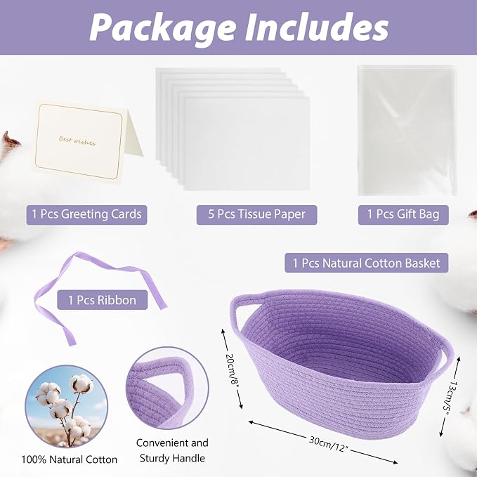 woric Small Gift Baskets for Women Girl Birthday Woven Storage Baskets | Purple Basket for Gifts Empty Baby Shower Nursery Toys Blanket Bathroom (12"X 8" X 5" with Gift Bag Card Ribbon Tissue Paper)