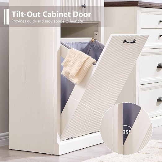 IFGET Tilt-Out Trash Can Cabinet, Laundry Hamper Cabinet, Antique White