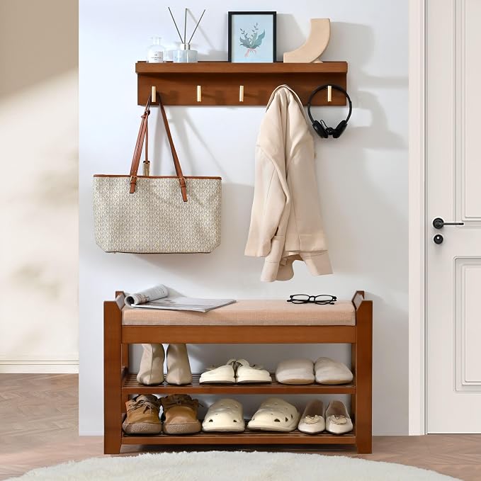 PETKABOO Shoe Rack for Front Door Entrance, 28” Entryway Bench with Coat Rack, Hall Tree Shoe Bench with Storage for Entry, Hallway, Bedroom, Living Room