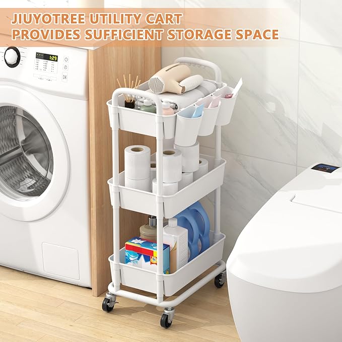 3-Tier Plastic Rolling Storage Cart Utility Cart with Extra Hanging Cups Handles Lockable Wheels for Living Room Bathroom Kitchen Office White | Utility Cart with Extra Hanging Cups Arc-Shaped Handles Lockable Wheels for Living Room Bathroom Kitchen Of...