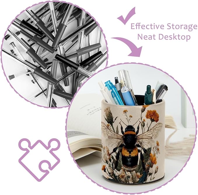 Faux Leather Pen Holder for Desk, Pencil Organizer Cute Bee Pen Cup Desk Decor Makeup Brush Holder Storage for Office Home