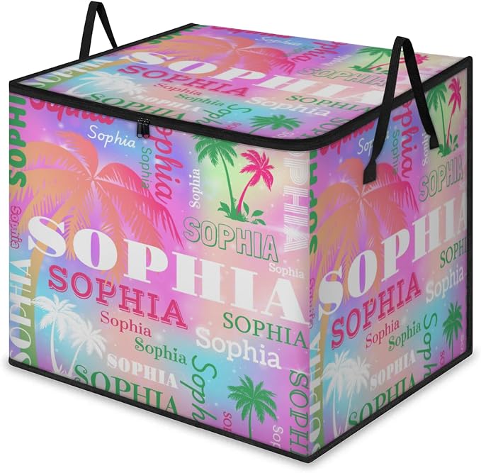 Custom Comforters Storage Basket with Lid, Personalized Name Pink Green Tropical Palm Trees Large Organizer Bin for Pet/Children Toys, Clothes, Perfect for Rooms/Playroom, Colorful Pink Galaxy