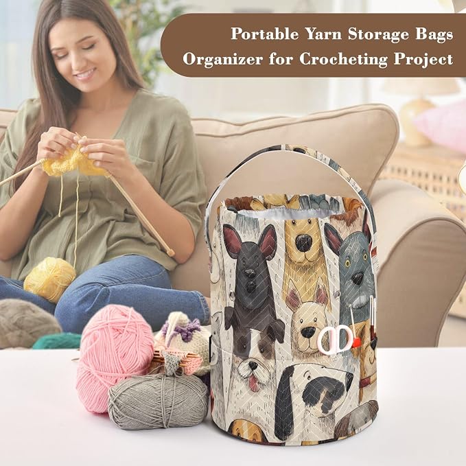 Tatenale Crochet Bag Yarn Bag Knitting Project Bag with Pockets and Handle Portable Yarn Storage Organizer Tangle Free 8.3x11 InchWhimsical Pet Dogs01