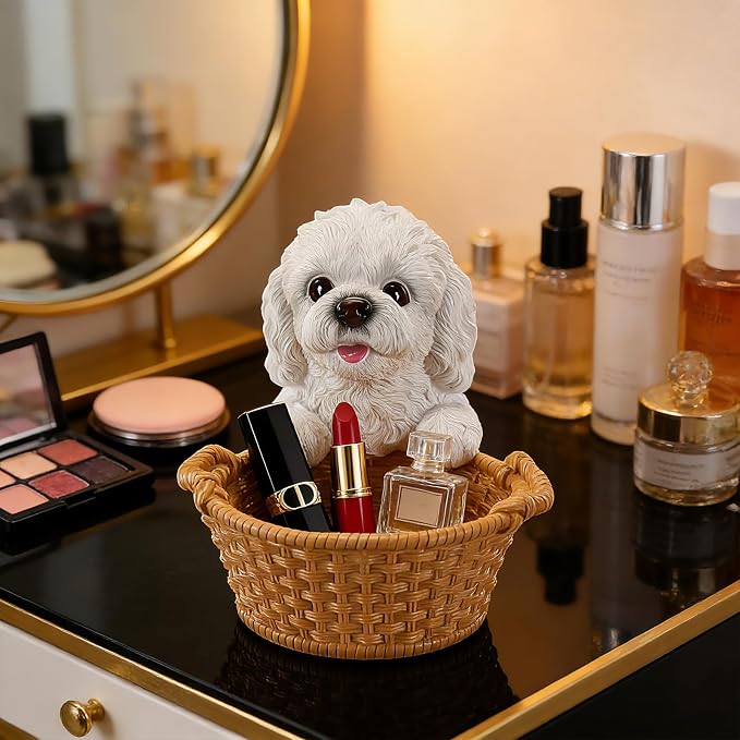 White Poodle Candy Bowl, Resin Dog Figurine Key Bowl for Entryway Table, Desktop Storage Basket Organizer for Desk, Unique Dog Lover Gift