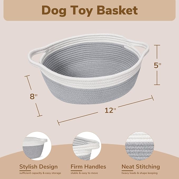 Goodpick Small Woven Rope Gift Basket Empty, 12"x 8"x 5" Boo Basket, Grey | Baby Basket for Baby Showers Toys, Fits Living Room Nursery Bedroom Organization, Dog Toy Storage, with Durable Handles