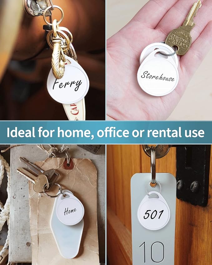 Uniclife 1.5 Inch Tough Plastic Key Tags Sturdy Round White Item Identifiers with Blank Paper Label Stickers and Split Rings, 50 Pack