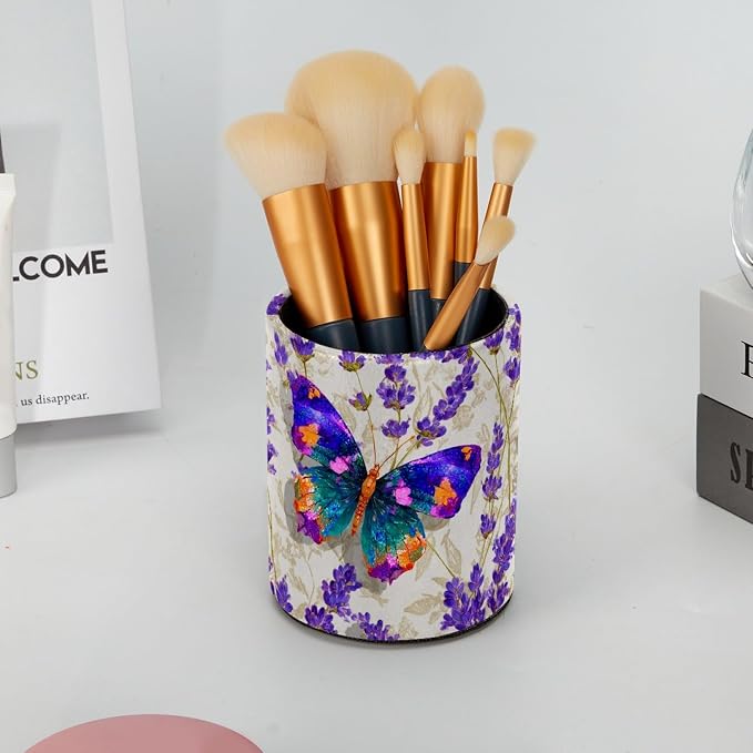 Butterfly and Lavender Pen Holder, Pencil Cup Marker Brush Holder Desk Storage Case, Desktop Organizer for School Office Home Supplies