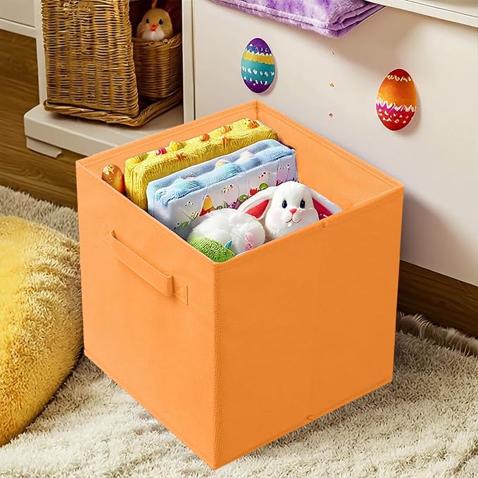 PowerKing Collapsible Storage Cubes, Farbic Storage Bins, Orange, 6 Pack | Sturdy, Lightweight, Easy Pull Handle, Closet & Shelf Organizer, Clothes and Toys Storage, 10.5'' x 11'' x 10.5''