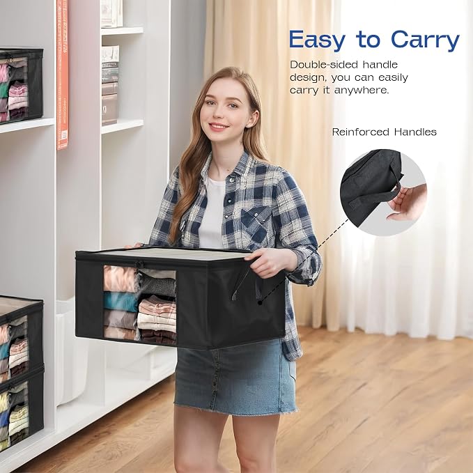 Clothes Storage Bags, Foldable Thick Fabric Blanket Storage Bags, Large Clear Window & Carry Handles, Great for Clothes, Blankets, Closets, Pillows (Black, 4PACK)