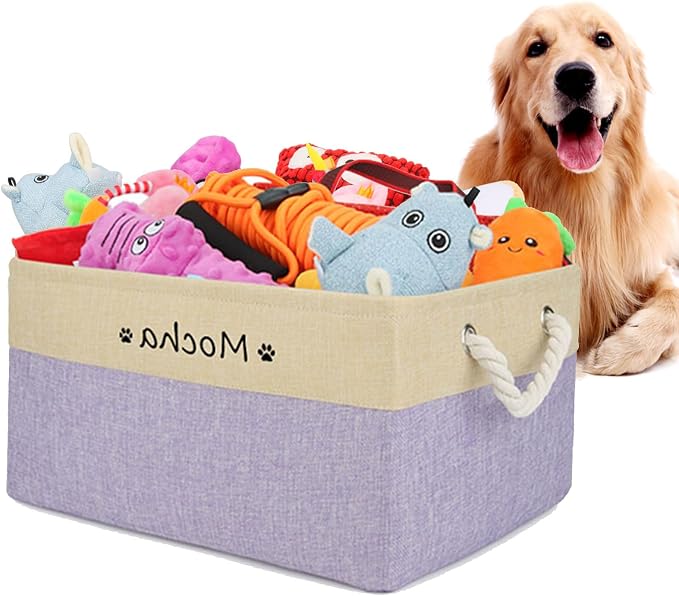 Personalized Dog Toy Storage Basket Bin Collapsible Customized Pet's Name Storage Box Organizer for for Dog Toys, Clothing, Apparel & Accessories (Purple, L)