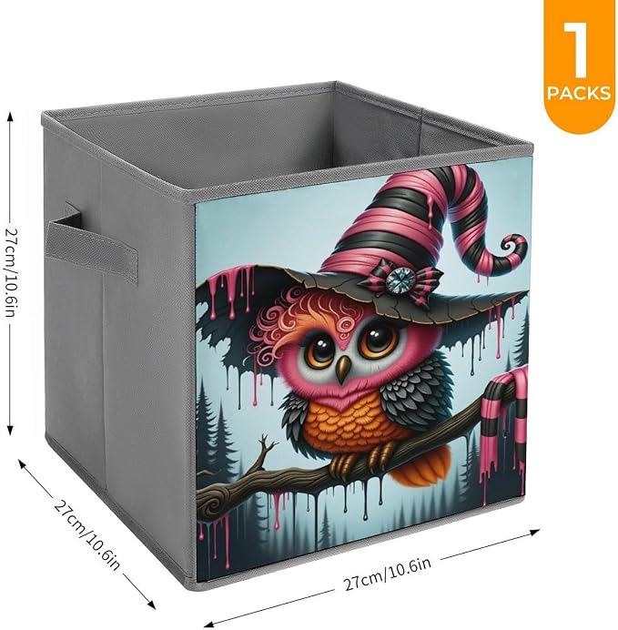 Magical Wizard Owl Foldable Storage Bins, 10.6" Cube Storage Organizer, Sturdy Oxford Cloth Fabric Baskets for Closet, Shelf, Nursery, Bedroom, Decorative Printed Box for Toys & Clothes