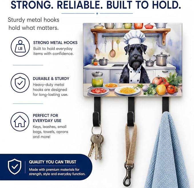 Caroline's Treasures Giant Schnauzer The Chef Leash or Key Holder Wall Hooks, Key Hooks Holder, Coat Rack Wall Mount, Coat Hooks, Hooks for Hanging Keys, Towels, Aprons, Leashes | Giant Schnauzer The Chef artwork on ceramic tile with three steel hooks ...