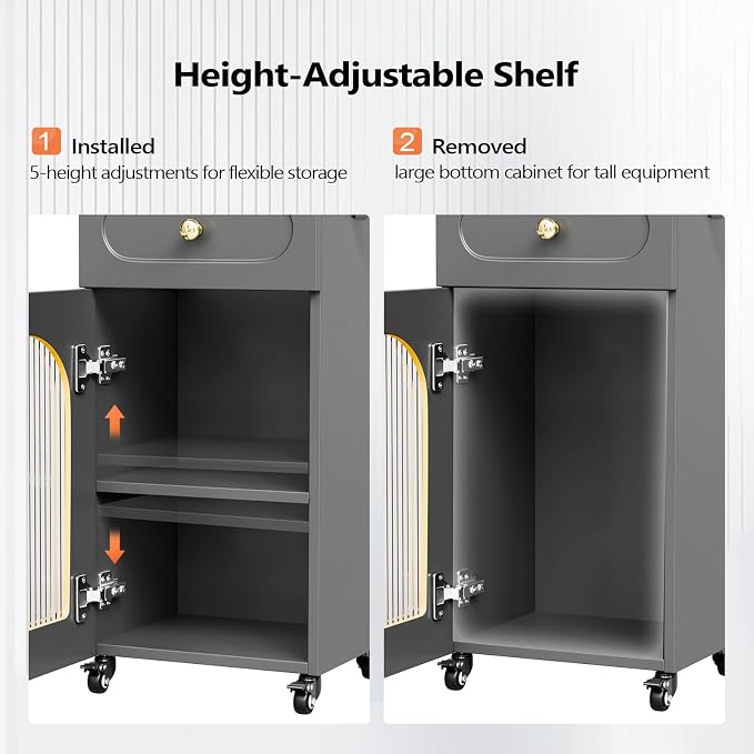 Salon Cart with Wheels & Adjustable Shelf, 3-Tier Rolling Beauty Trolley for Hair Stylist, Barber, Esthetician, Storage Cabinet w/Glass Door & Hair Dryer Holder, Mobile Station for Spa, Tattoo (Gray)