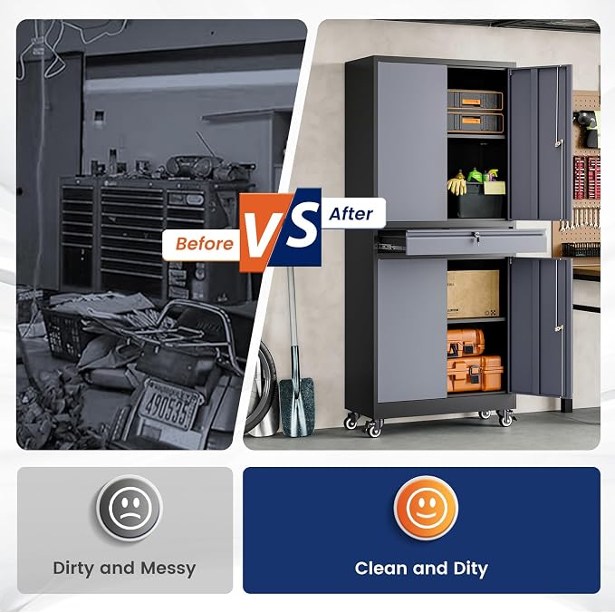 Metal Garage Storage Cabinet with Locking Doors and Adjustable Shelves, -73" Steel Rolling Tool Storage Cabinet with 4 Wheels and 1 Drawer for Garage,Office,Warehouse