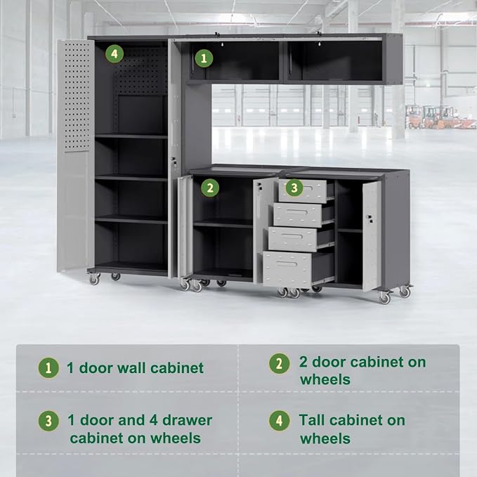 Metal Garage Storage Cabinet System,5 Pcs Workshop Tool Cabinet Set in Gray | Including 2 Pcs Wall Cabinets 3 Pcs Garage Tool Cabinets with Wheels,Assembly Required