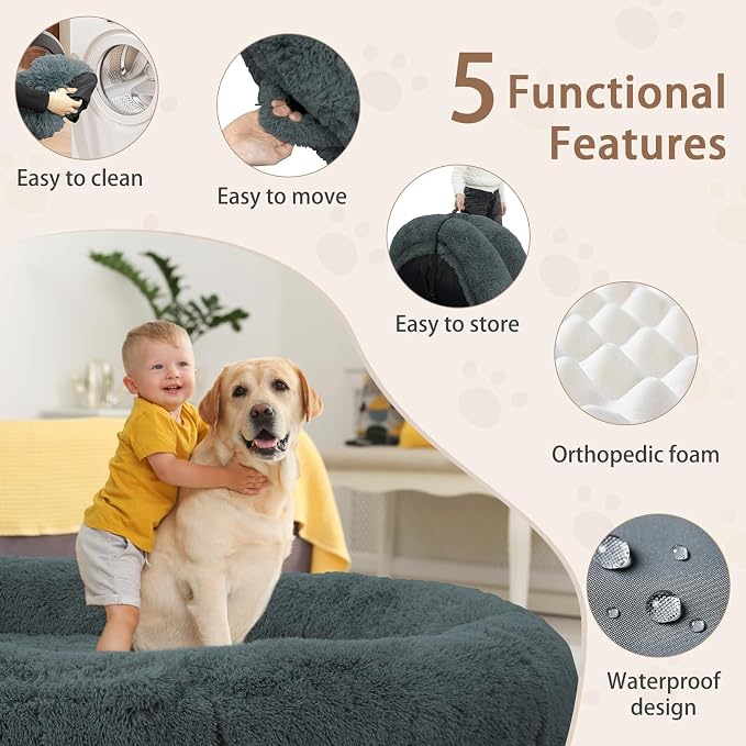 ROOMTEC Human Dog Bed, 78''x51''x12'' Size Fits Adult and Pet Washable Giant People Bed 10 CM Thick Memory Foam Large Oversize Pet Bed with Plump Pillow, Blanket, Strap - Darkgrey