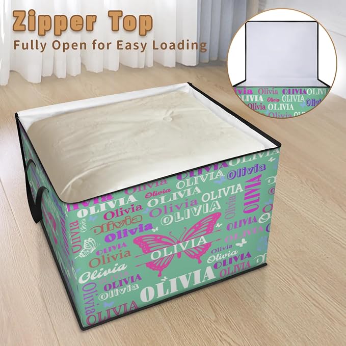Personalized Storage Bags with Lid Large Blanket Clothes Mint Green Colorful Name Butterflies Organization and Storage Containers for Comforters,Bedding, Foldable Organizer with Reinforced Handle