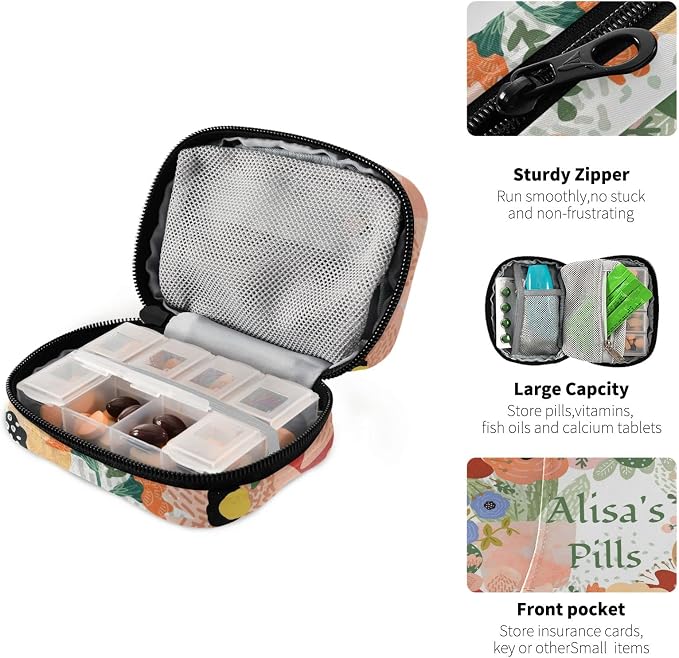 Custom Pill Box 7 Day Pill Case Bag Cactus Flowers Personalized Name Travel Pill Organizer Bag with Zipper Portable Weekly Case Compact Size for Vitamin Supplement Holder