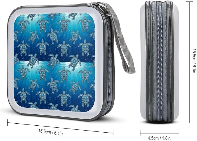 Portable CD Storage Case for 40 Discs Tribal Sea Turtles, Hard Shell Binder with Handle, Protective Organizer for Car Office Travel