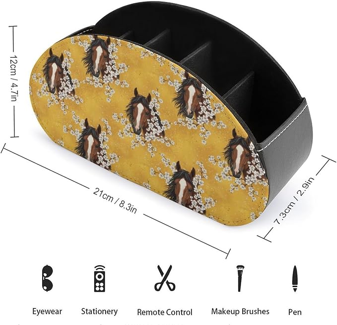 TV Remote Control Holders Horse Flower Yellow Office Desktop Storage Cup | 5 Compartments, Pu Leather, Horse Flower Yellow, Media Controllers Supplies Makeup Brush