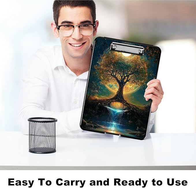 Heavy Duty Storage Clipboard, Slim Nursing Clipboard with Internal Pen Case, Portable File Organizer Case for A4 Letter Size Paper Office Medical Professionals, Moon Orange Tree