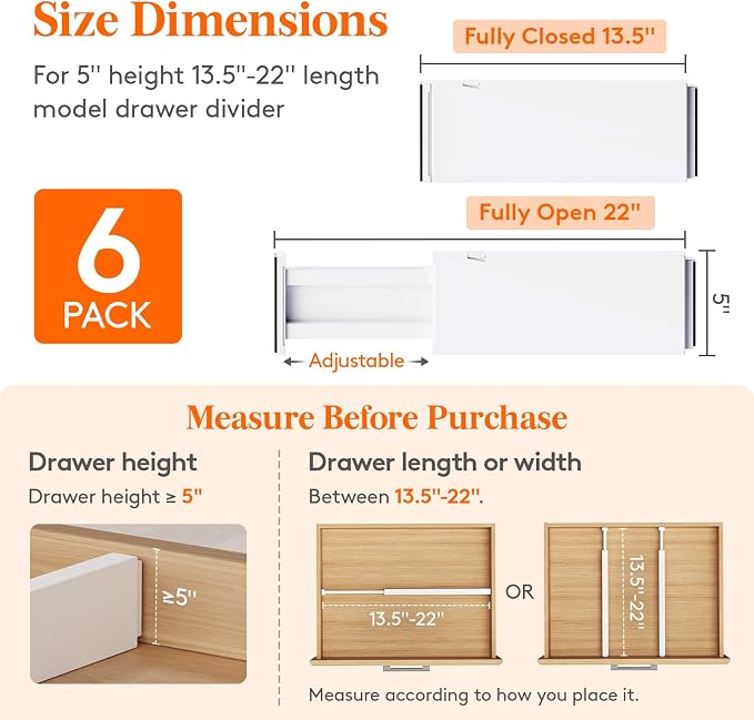 Lifewit 5" Tall Upgrade Drawer Dividers, Adjustable Deep Drawer Organizer | 13.5"-22" Expandable White Drawer Separator for Clothes, Dresser/Kitchen/Closet/Bedroom/Office Organization & Storage, 6 Pack