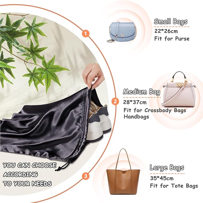 RUDONG M Satin Dust Bags for Handbag, Black, 4 Pack | Silky Dust Cover, Drawstring, For Storage & Travel, For Purse Clothes Shoes