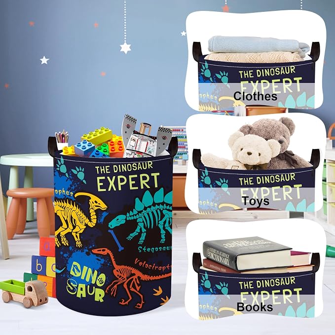 Clastyle Large Boho Dinosaur Pterosaur Boy Book Toy Storage Basket for Kid | Dino Skeleton Dirty Clothes Laundry Hamper, Colorful 45L Waterproof Nursery Playroom Bedroom Bathroom Shelf, Blue Dragon