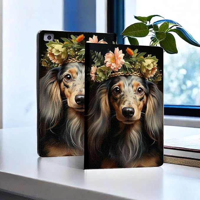 for Microsoft Surface Pro 8-13" 2021 Tablet Case,Auto Wake/Sleep,Adjustable Stand Protective Cover - Floral Wreath Dachshund