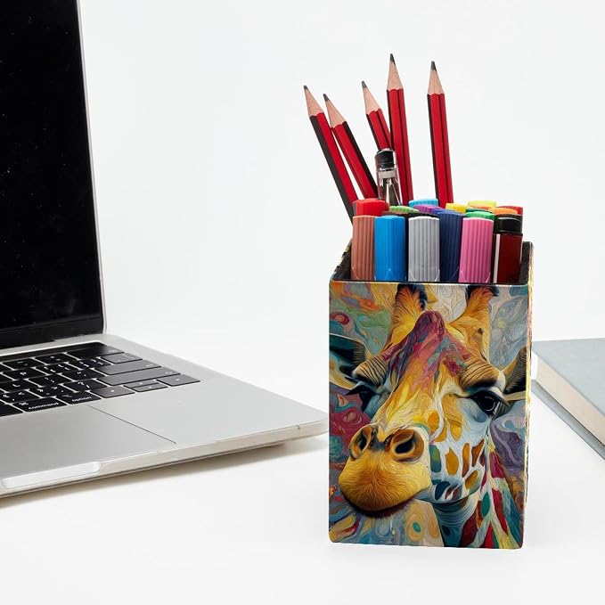 Giraffe Pen Holder for Desk Decor, Rectangular PVC Leather Pencil Cup for Desk Pen Organizer, Makeup Brush Holder for School, Home, Office