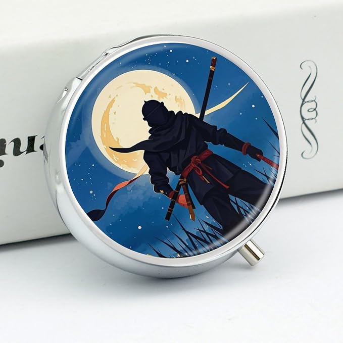 3 Compartment Medicine Pill Case, Moonlight Watercolor Style Ninja Round Pill Box, Portable Decorative Medicine Organizer for Pocket Or Purse Vitamin Organize