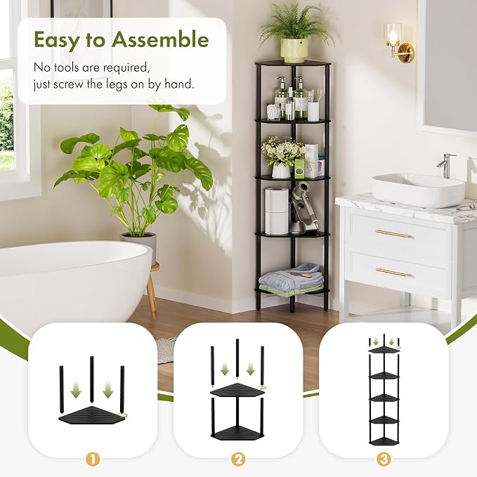5-Tier Black Corner Shelf, Bamboo Corner Bookshelf, Indoor Plant Shelf, Kitchen Free Standing Shelf Storage Organizer, Tall Narrow Bookcase for Small Spaces, Bedroom, Living Room, Office
