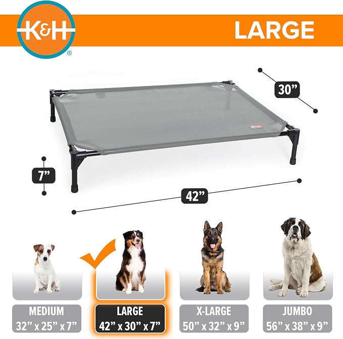K&H Outdoor Elevated Dog Bed, Cooling Raised Dog Bed, Large 42x30in, Gray | Pet Cot for Medium & Large Pets, Breathable Mesh 360 Hammock Design, Indoor/Outdoor Washable Cover, Portable Metal Frame