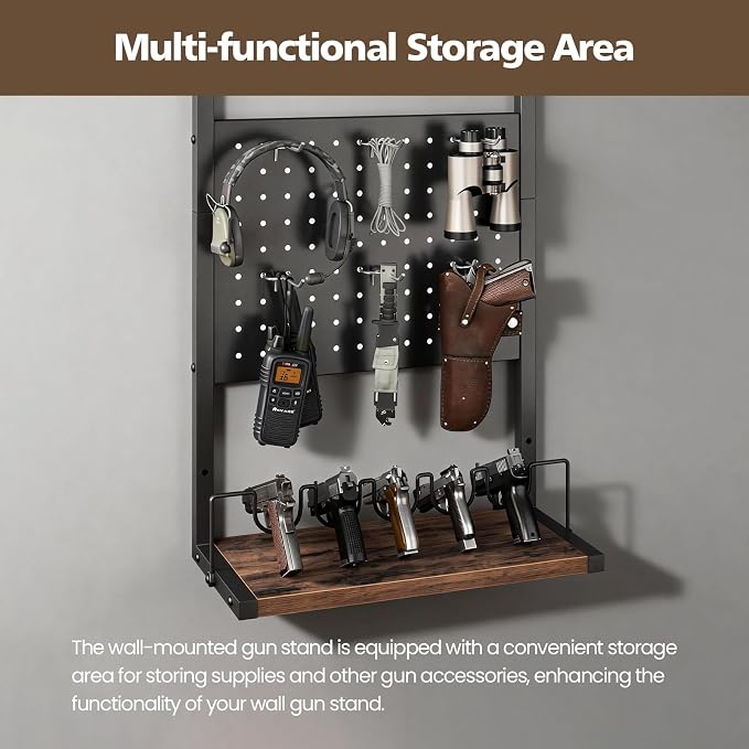 Indoor Gun Rack for Wall, Premium Wood & Metal Rifle Rack & Pistol Holder | Gun Wall Mount Display with Pegboard & Shelf, Versatile Storage for Shotgun Sword Bow for Home Gun Room, Garage and Man Cave