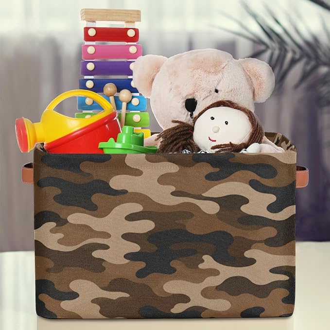 Pardick Camo Basket Storage Bins Rectangle Canvas Basket Cube Storage Box | Nursery Foldable Basket with Handle for Kids Girls Boys Toys Living Room Closet Organizer Shelf Gifts Camouflage Borwn