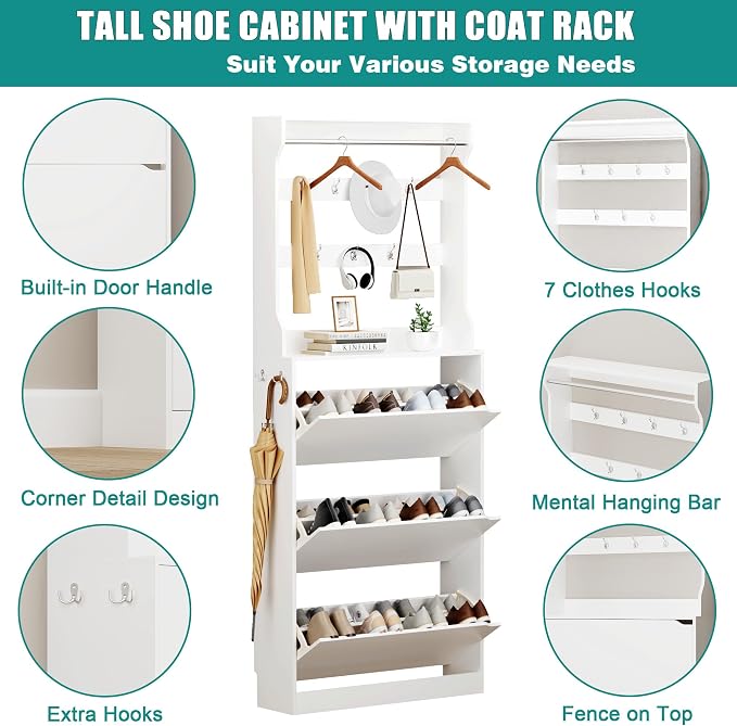Shoe Cabinet for Entryway with 3 Flip Drawers, White Tall Wood Shoe Storage Cabinet with Coat Rack, Narrow Hidden Slim Freestanding Shoe Rack Organizer, 2 in 1 Hall Tree for Living Room, Hallway