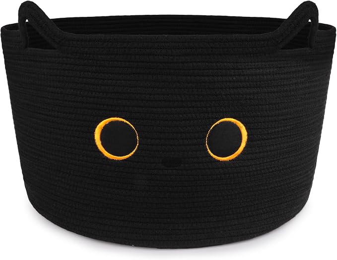 Large Black Cat Basket for Nursery,Cute Cat Woven Laundry Blanket Cotton | Rope Extra Storage Basket with Handles, 0rganize Decorative Gifts for Towels Pillow Clothes Hamper Toy Bin,23"D×13"H