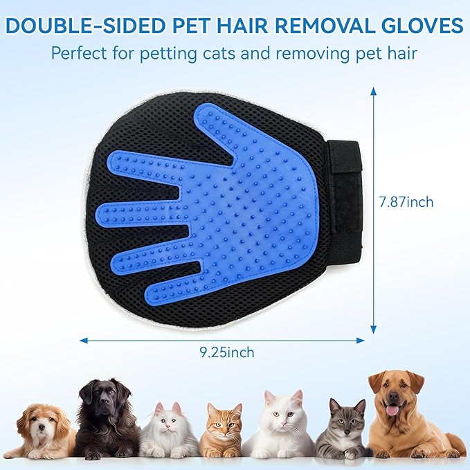 Pet Hair Removal Gloves Dual-Side Electrostatic Hair Removal & Silicone Fur Gentle Deshedding Efficient Brush for Dogs and Cats Reusable Pet Fur Grooming Glove for Couch Rug Clothes