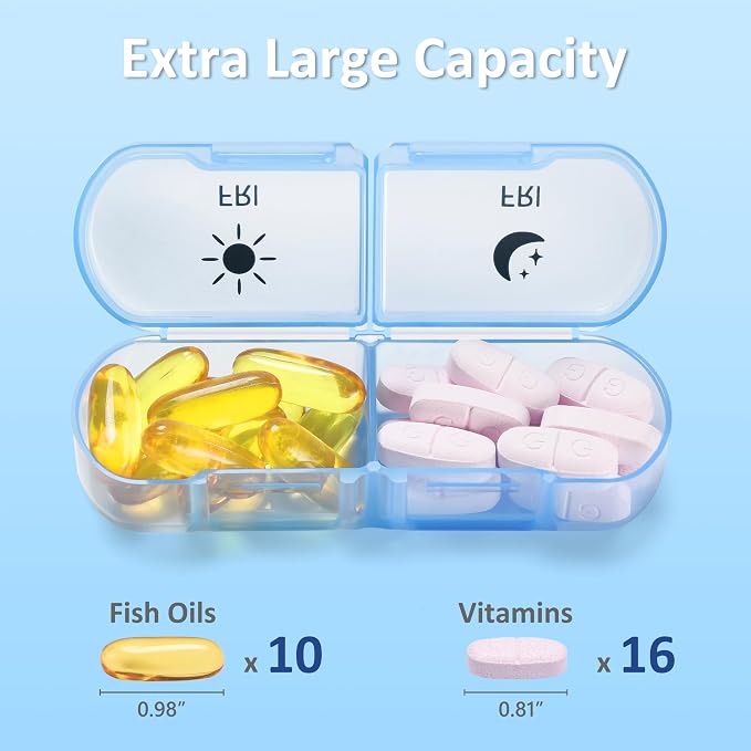 Fullicon Large Portable Pill Organizer 2 Times a Day, Clear Rainbow | Each Compartment Holds 10 Fish Oils or 16 Vitamins, Lid Stays Open Reliably, Double Secure Lock, Durable Hinges, Fits Purse